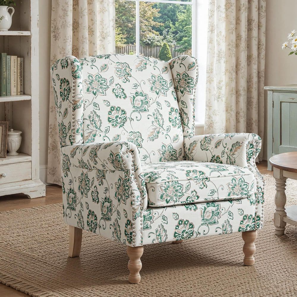 White Green Floral Print Linen Wingback Chair Set of 1 with Nailhead Trim and Wooden Legs for Living Room Bedroom price history on PriceWatchPro