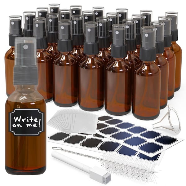 Mockins 2 oz. Amber Glass Spray Mist Bottles with Bottle Brush, Funnel, and Labels (Set of 24)