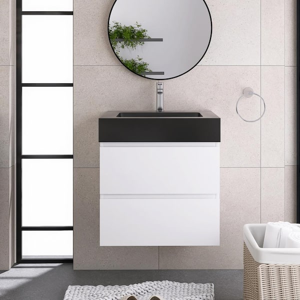 JimsMaison 24 in. W x 18 in. D x 25 in. H Wall Mounted Bath Vanity in White with Black Quartz Sand Top