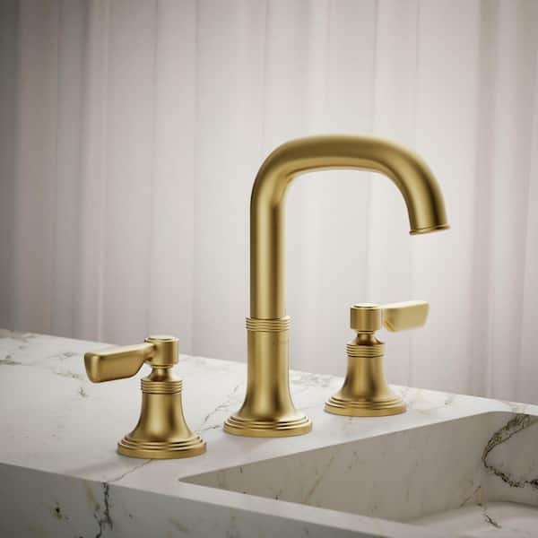 Paces 8 in. Widespread Double Handle Bathroom Faucet with Lever Handles in Vibrant Brushed Moderne Brass