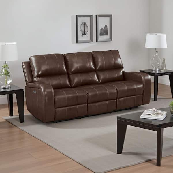 Benjara 82.13 in. Flared Arm Leather Rectangle Cushioned Seating Recliner Sofa in Brown