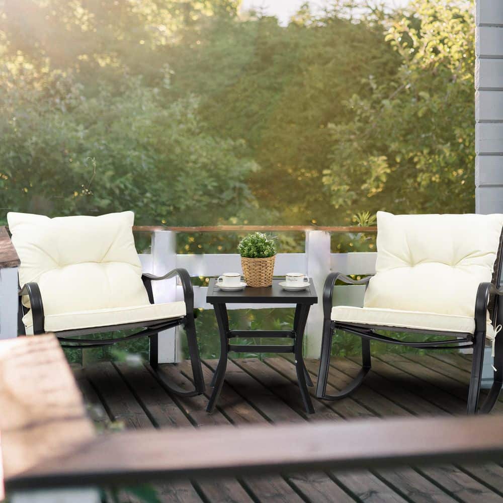 Black Metal and White Cushion 3-Piece Outdoor Rocking Chair Set