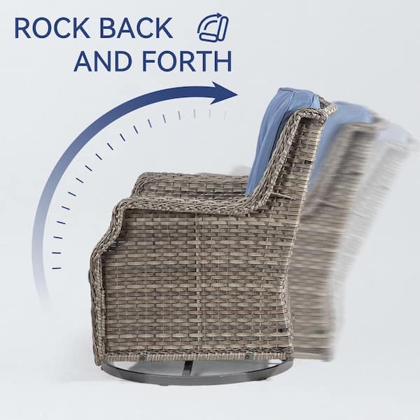 Wicker Patio Outdoor Lounge Chair Swivel Rocking Chair with Blue Cushions (2-Pack)