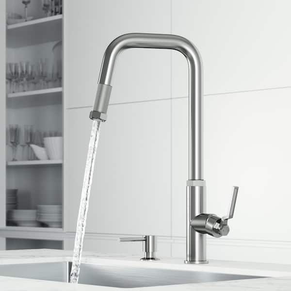 VIGO Hart Angular Single Handle Pull-Down Spout Kitchen Faucet Set with Soap Dispenser in Stainless Steel