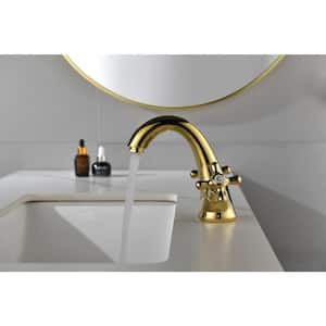 Modern Antique Brass Cross Knobs Double Handle Single Hole Bathroom Faucet with Hot/Cold Indicator, Rust-Proof in Gold