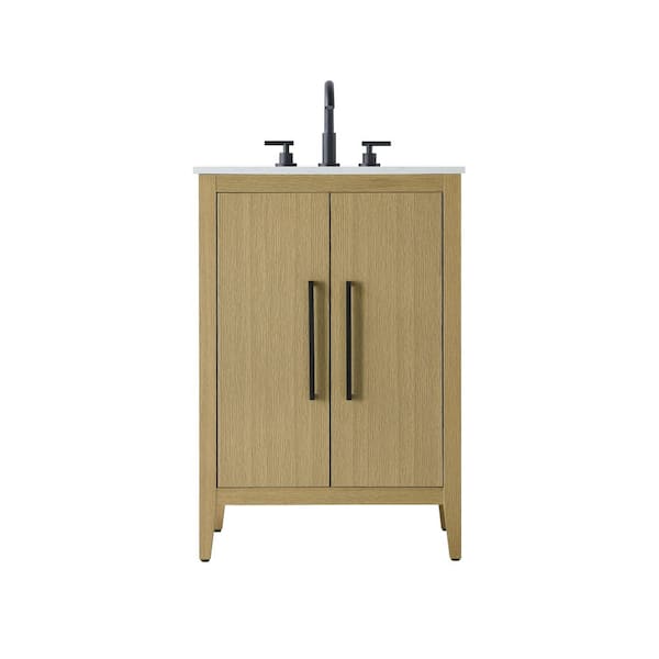 24 in. Single Sink Honey Brown Bath Vanity with White Engineered Marble Top