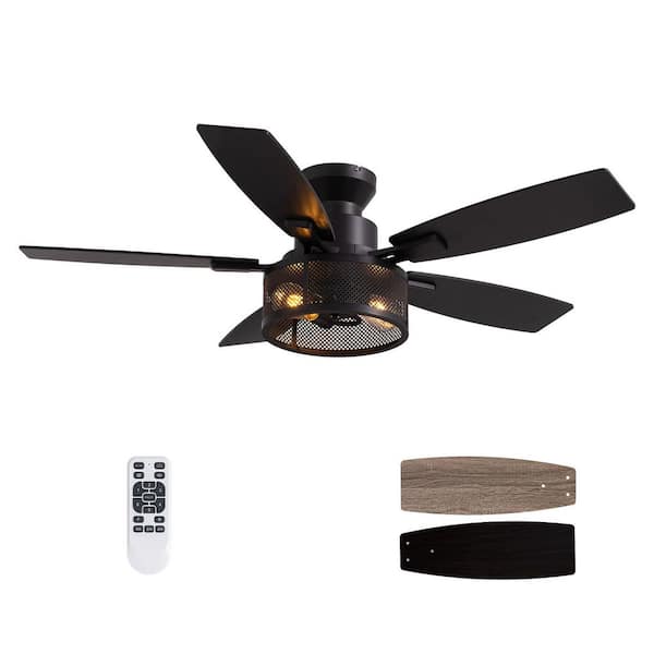 46 in. Indoor Matte Black Layered Caged Ceiling Fan with Light Kit, Five Reversible Blades and Remote Included