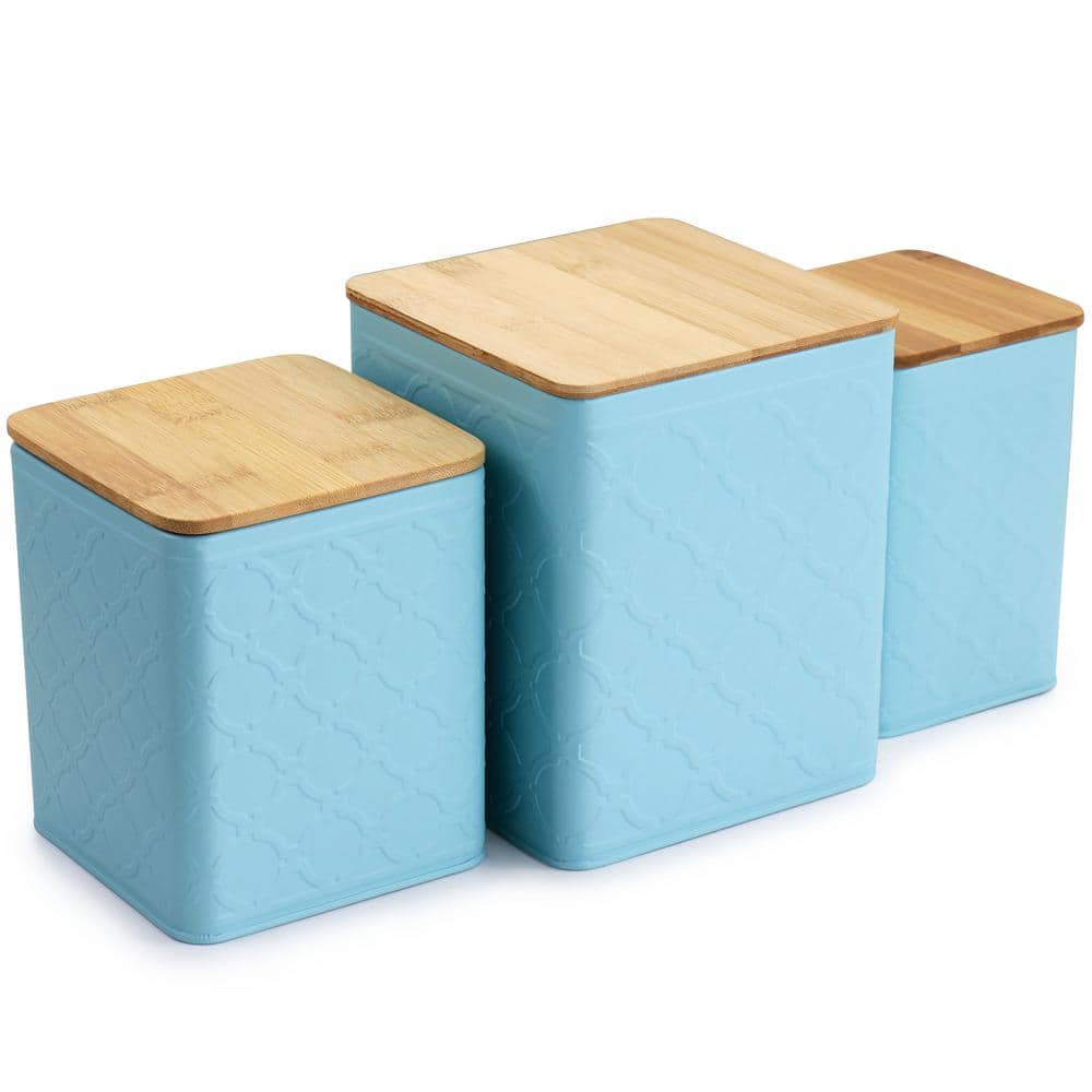 Turquoise Square Iron Canister Set with Bamboo Lids