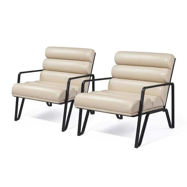 Glitzhome Set of 2 Modern Beige Wavy Leatherette Accent Armchair with Black Metal Frame