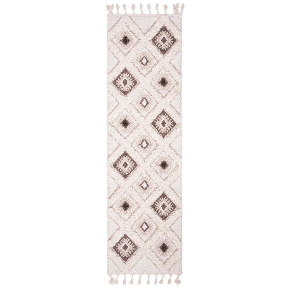 Ivory & Brown Diamond Braided Shag Runner Rug - Handmade Synthetic