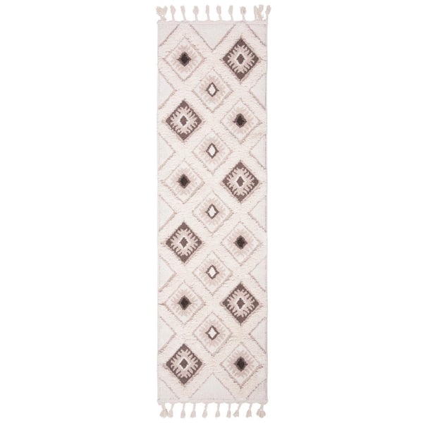 SAFAVIEH Moroccan Tassel Shag Ivory/Brown 2 ft. x 8 ft. Geometric Diamonds Runner Rug