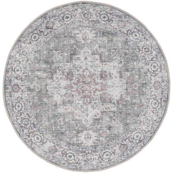 Unbranded Machine Washable Series 1 Ivory Grey 8 ft. x 8 ft. Distressed Traditional Round Area Rug