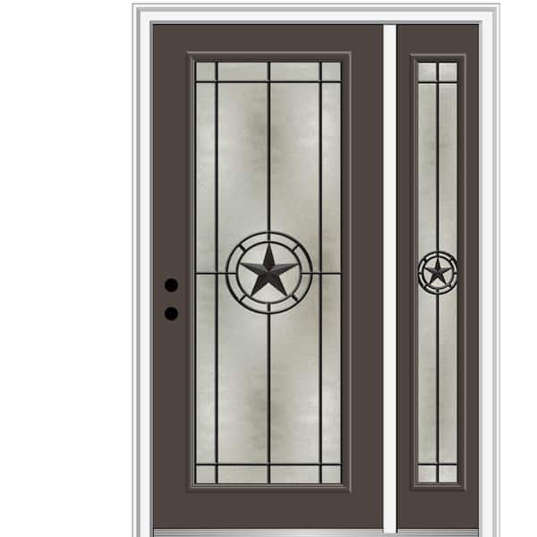 MMI Door Elegant Star 51 in. x 81.75 in. Full Lite Decorative Glass Brown Painted Fiberglass Prehung Front Door