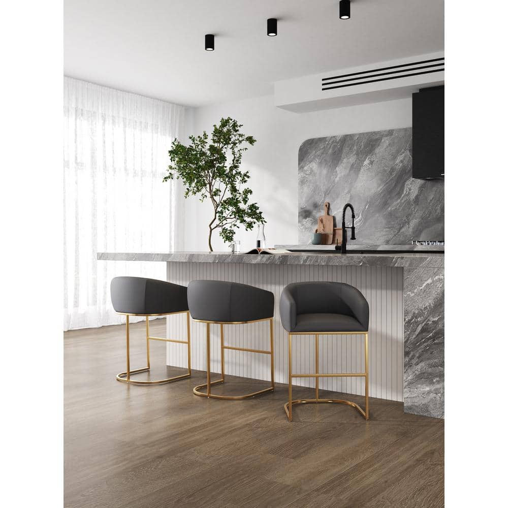 Manhattan Comfort Louvre 36" Gray Leather Counter Stool with Gold Metal Base