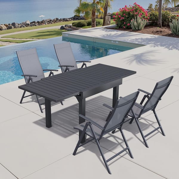 5-Piece 63 in. Aluminum Rectangle Patio Outdoor Dining Set, Extension Table and Gray Adjustable Backrest Metal Chair