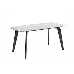 Krevor Series Modern White Stone 71 in. Rectangular Wide Tabletop and 4 Legs Black Steel Dining Table Seats 8