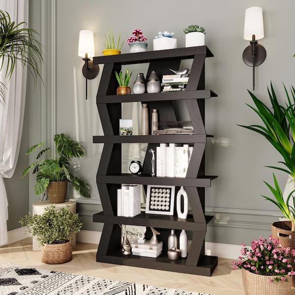 FUFU&GAGA 63.8 in. Tall Bookcase, Black Wood Material 5-Tier Bookcase, Storage Organizer Cabinet, Freestanding Open Bookshelf