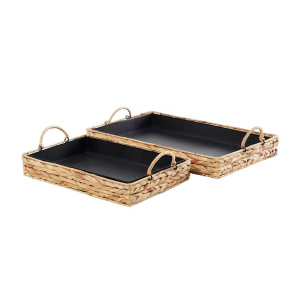 Litton Lane Light Brown Handmade Seagrass Nesting Decorative Tray with Black Wood Interiors (Set of 2)