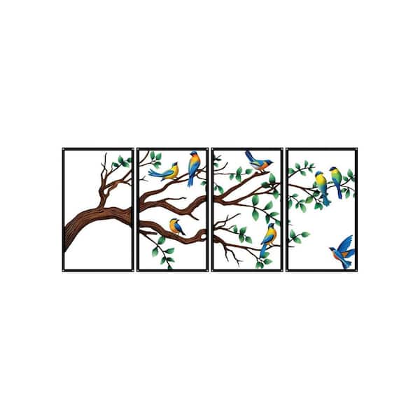 17 in. x 45 in. Multi-Colored Metal Outdoor Birds and Branch 3D Wall Sculpture 4 Pieces
