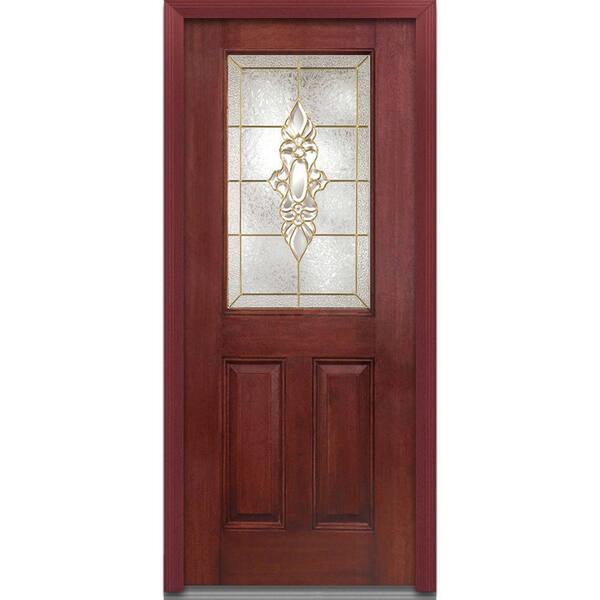 MMI Door 32 in. x 80 in. Heirloom Master Left-Hand Inswing 1/2-Lite Decorative Stained Fiberglass Mahogany Prehung Front Door