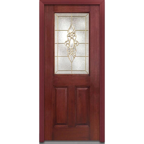 MMI Door 36 in. x 80 in. Heirloom Master Left-Hand Inswing 1/2-Lite Decorative Stained Fiberglass Mahogany Prehung Front Door