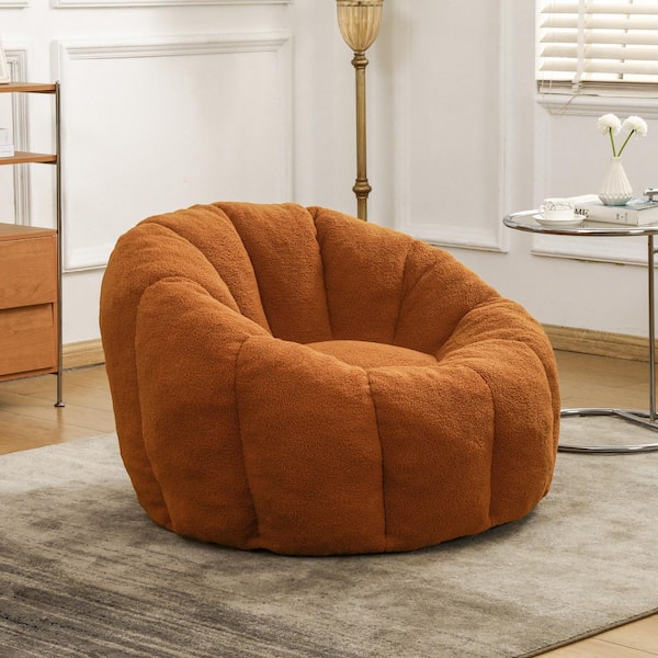 Annabelle Orange Faux Fur Polyester Fabric Bean Bag Chair with Armrests Stuffed High-Density Foam