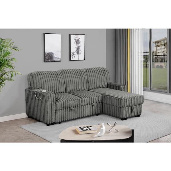 Clary 59 in. W Straight Arm 2-Piece Corduroy Fabric L Shape Reversible Sectional Sofa in Dark Grey Color