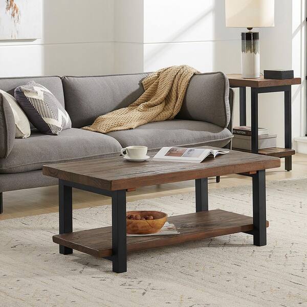 Alaterre Furniture - Pomona 42 in. Rustic/Natural Rectangle Wood Top Coffee Table with Shelf