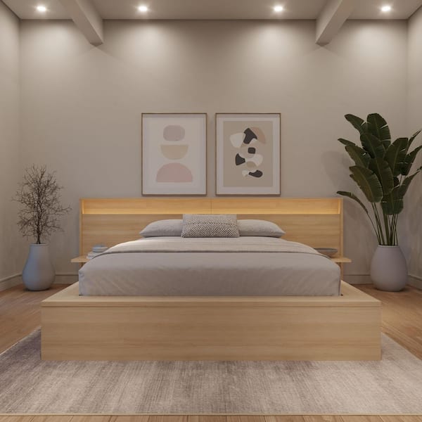 Luna Beige Frame Queen Size Platform Bed with Wide Headboard with Shelves and Integrated Lighting