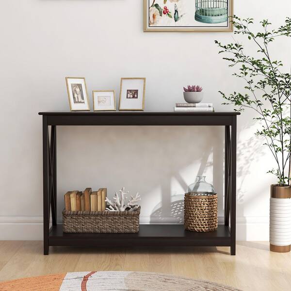 Tileon MDF Kitchen Utility Table in Coffee, X Design Accent Cocktail Table, Coffee Table 2-Tier for Living Room