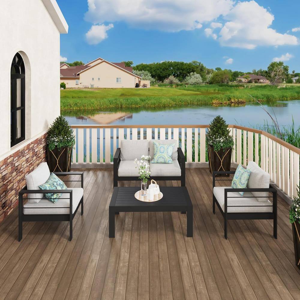 Modern Black Aluminum Outdoor Loveseat with Light Gray Cushions