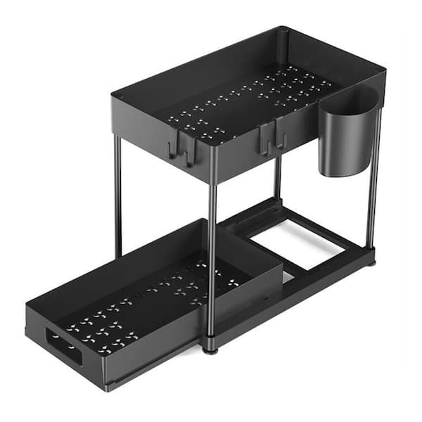 2 Pack Under Sink Organizer, Black ABS Plastic 2 Tier Bathroom Cabinet Storage with Hook, Multi-Purpose Shelf