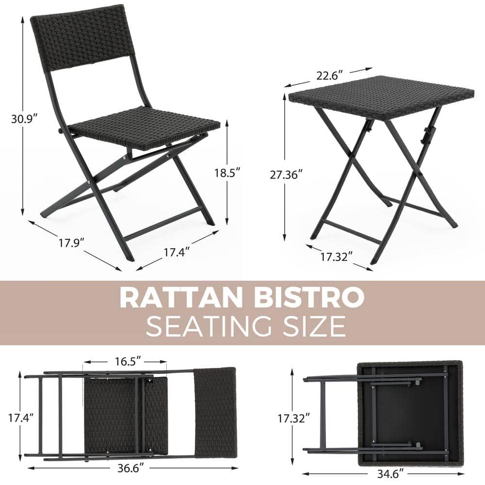 Black Iron and Wicker Foldable Bistro Set with Square Table