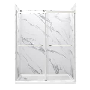Lagoon 60 in. x 76 in. Left Drain Alcove Shower Kit in Carrara White and Brushed Nickel Hardware