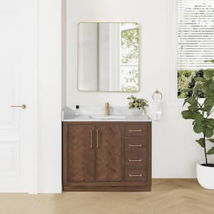 Jakarta 42 in. W. x 22 in. D x 33.9 in. H Single Bath Vanity in Aged Dark Brown Oak with Silk White Quartz Stone Top