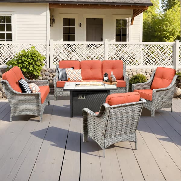 Toject Eureka 5-Piece Modern Wicker Outdoor Patio Conversation Sofa Seating Set with Metal Fire Pit and Red Cushions