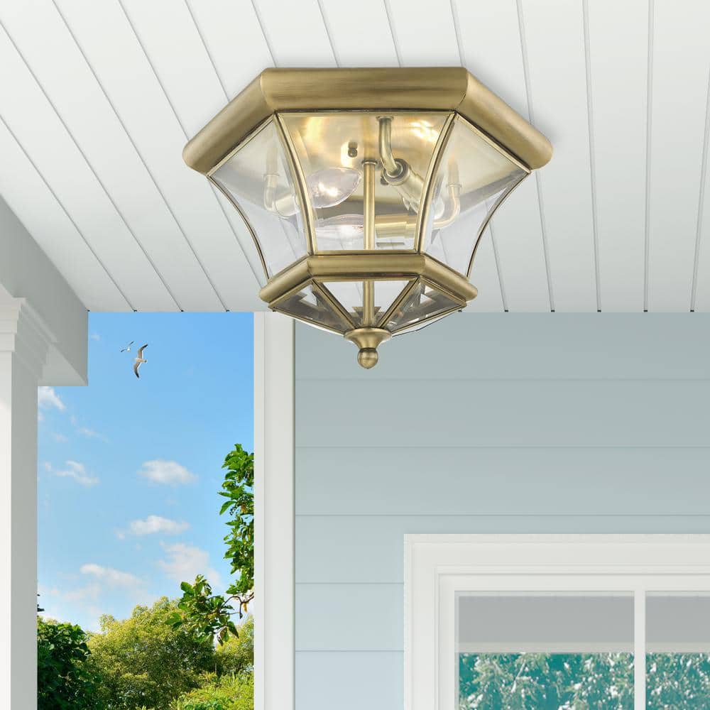 Antique Brass Hexagon 3-Light Outdoor Ceiling Lantern with Clear Beveled Glass