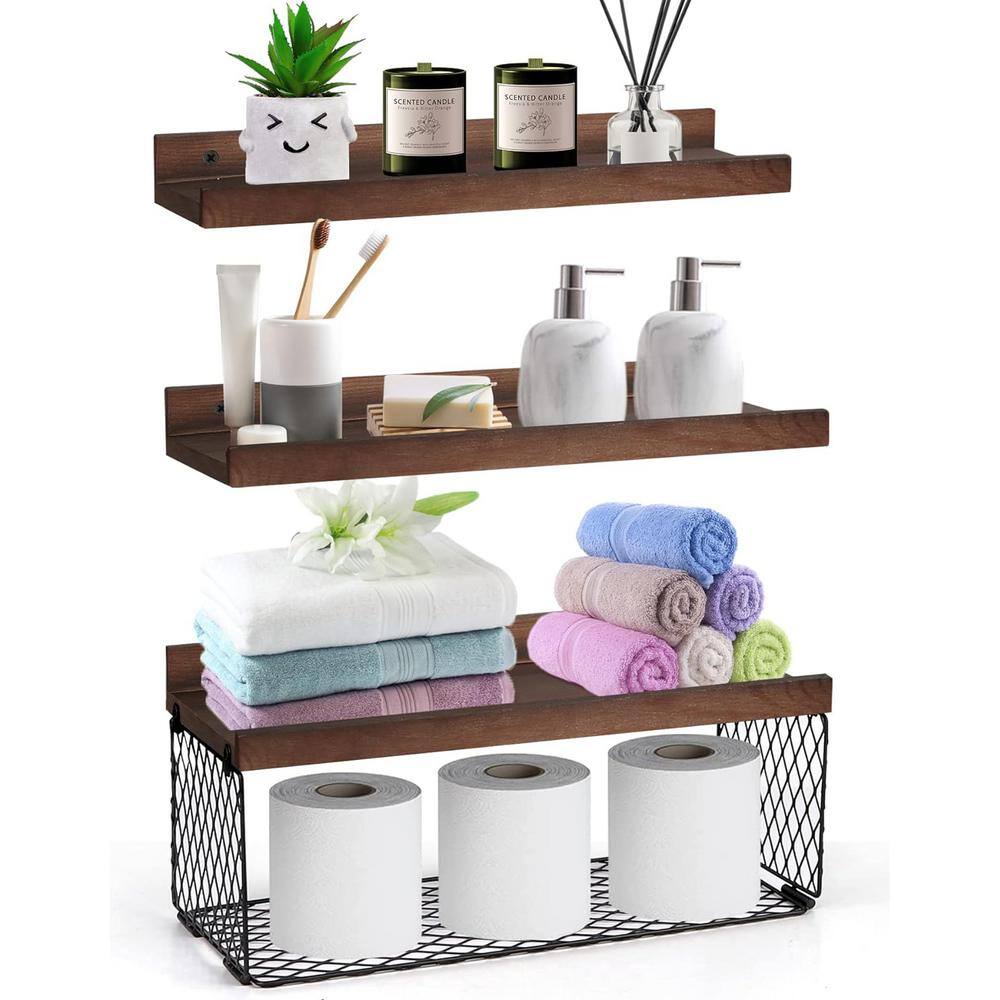Cubilan 16 in. W x 6 in. D Decorative Wall Shelf, Brown 3 Sets Floating ...