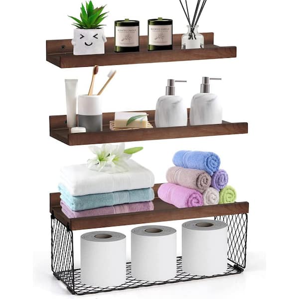 Cubilan 16 in. W x 6 in. D Decorative Wall Shelf, Brown 3 Sets Floating Wood Bathroom Shelves