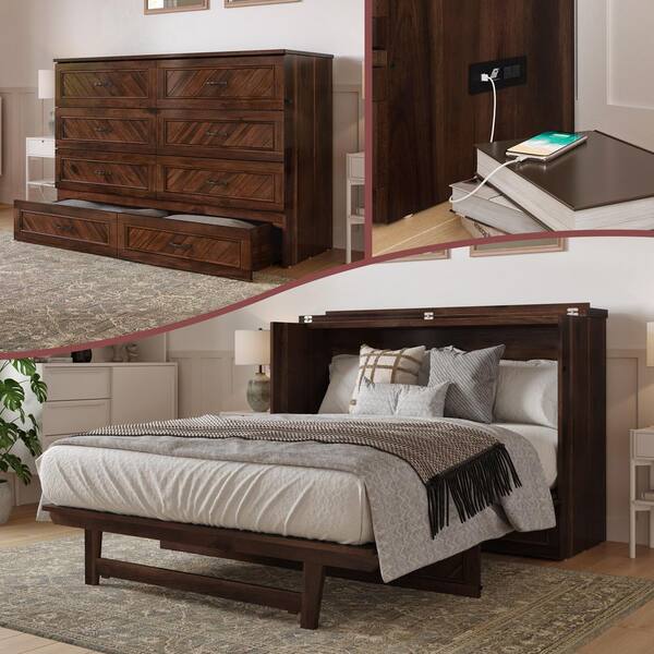 Dakota Barnwood Brown Wood Frame Queen Murphy Bed Chest with Storage Drawer and Built-in Charging Station