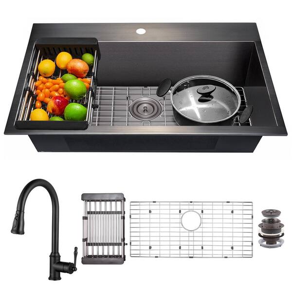 AKDY All-in-One Matte Black Finished Stainless Steel 32 in. x 18 in. Drop-In Single Bowl Kitchen Sink with Pull-Down Faucet
