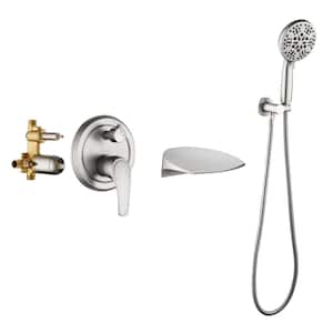 Single-Handle Wall Mount Roman Tub Faucet with Round Hand Shower in Brushed Nickel (Valve Included)
