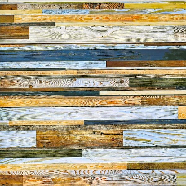 Dundee Deco 3D Falkirk Renfrew II 1/50 in. x 38 in. x 19 in. Blue Yellow Faux Wood PVC Decorative Wall Paneling (5-Pack)