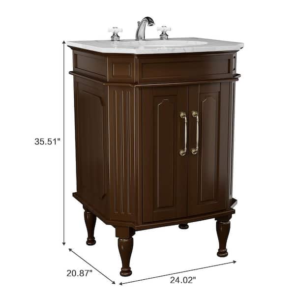24 in. Brown Wood Single Sink Freestanding Bathroom Vanity with White Marble Top (Assembled)