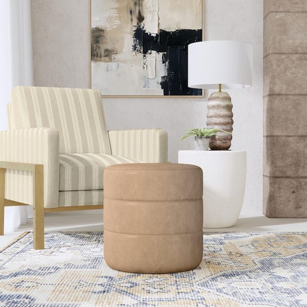 Homepop Sand Faux Leather Round Decorative Ottoman with Channeling ...