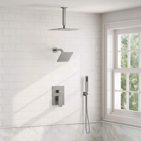 3-Spray 10 and 6 in. 3 in 1 Dual Fixed and Handheld Shower Head Ceiling Mount 2.5 GPM in Brushed Nickel Valve Included