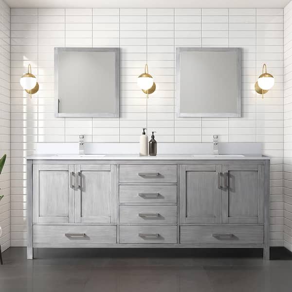 Lexora Jacques 80 in. W x 22 in. D x 34 in. H Freestanding Double Bath Vanity in Distressed Grey with White Quartz Top