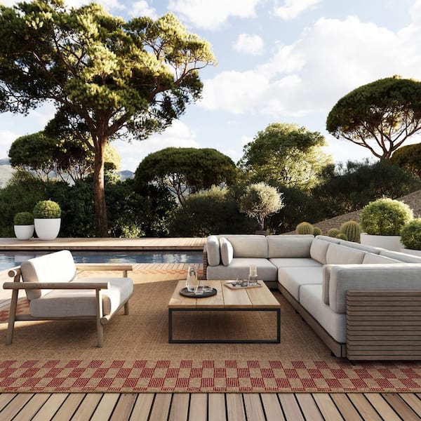 Red 5 ft. x 8 ft. Vesna Bordered Checkered Outdoor Area Rug