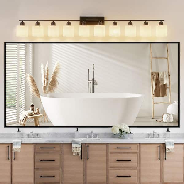 65 in. W 10-Light Black Vanity Light with Frosted Glass Shades, Up/Down Mount for Mirror, Hallway (No Bulb included)