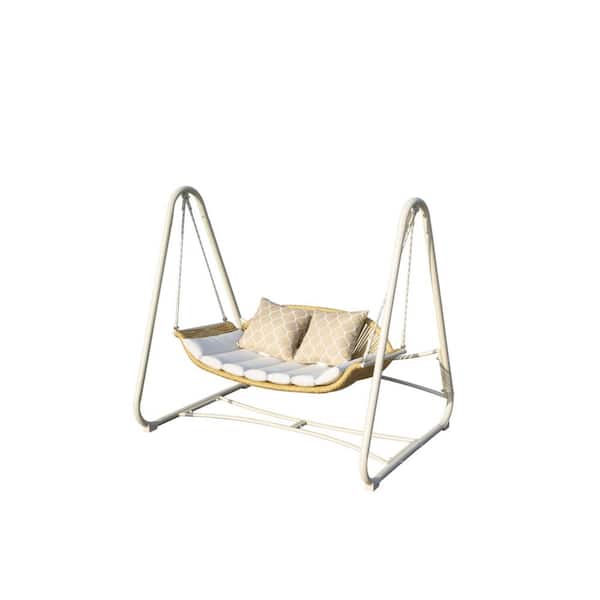 Unbranded 2-Seat White Metal Patio Swing, Outdoor Rattan Porch Hanging Hammock Chair with Thickened Cushions and Pillow for Garden
